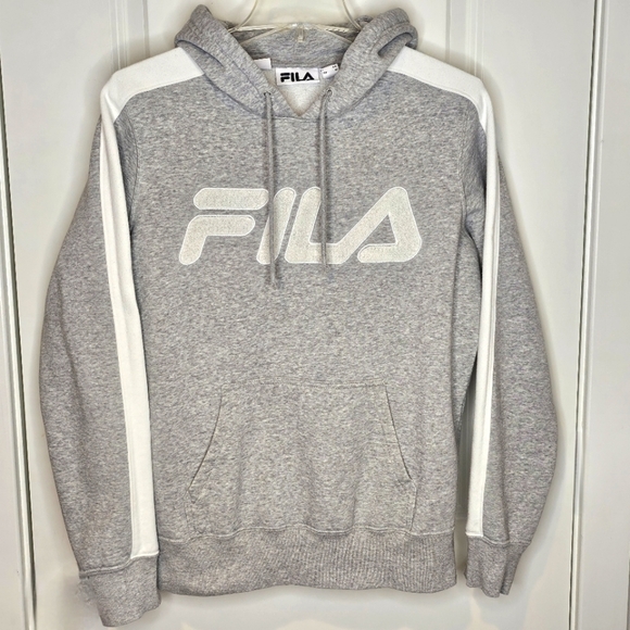 Fila Fleece Womens Medium Heather Grey White Drawstring Hooded Sweatshirt Hoodie - Picture 1 of 7